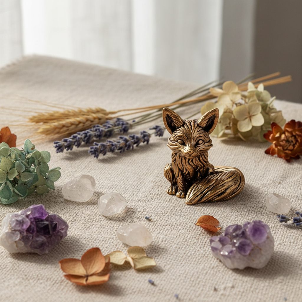 Volpe ottone 3cm - fiori e cristalli su lino