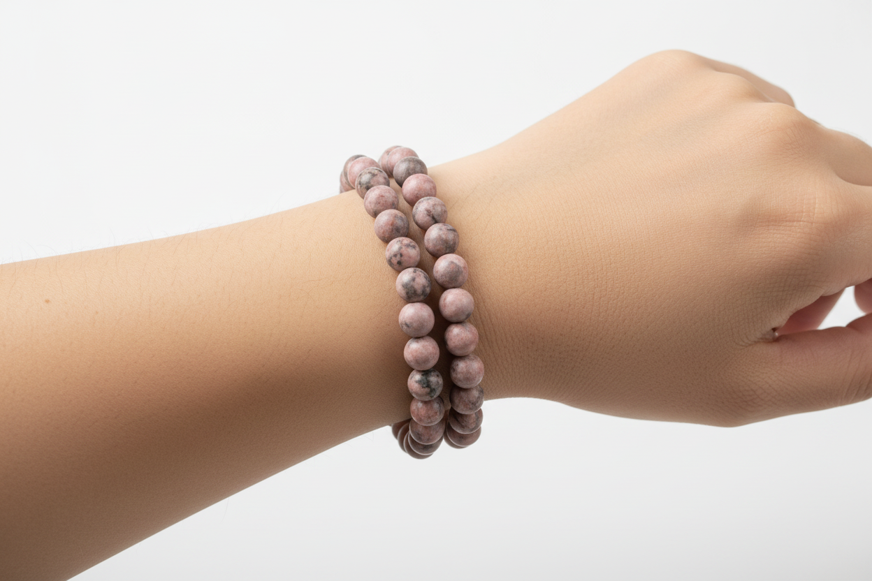 Bracciale diaspro zebra rosa indossato al polso