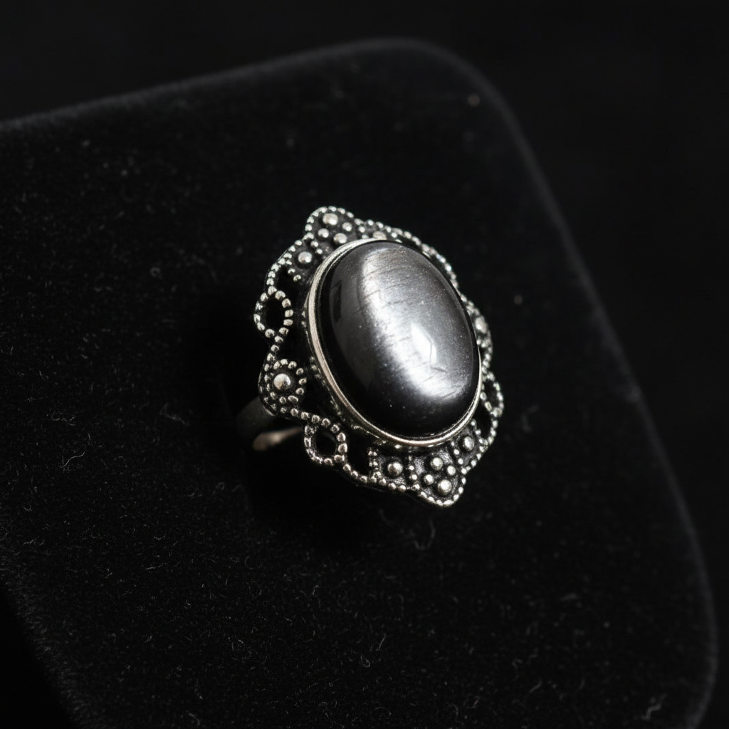 Anello ossidiana silver - macro dettaglio pietra