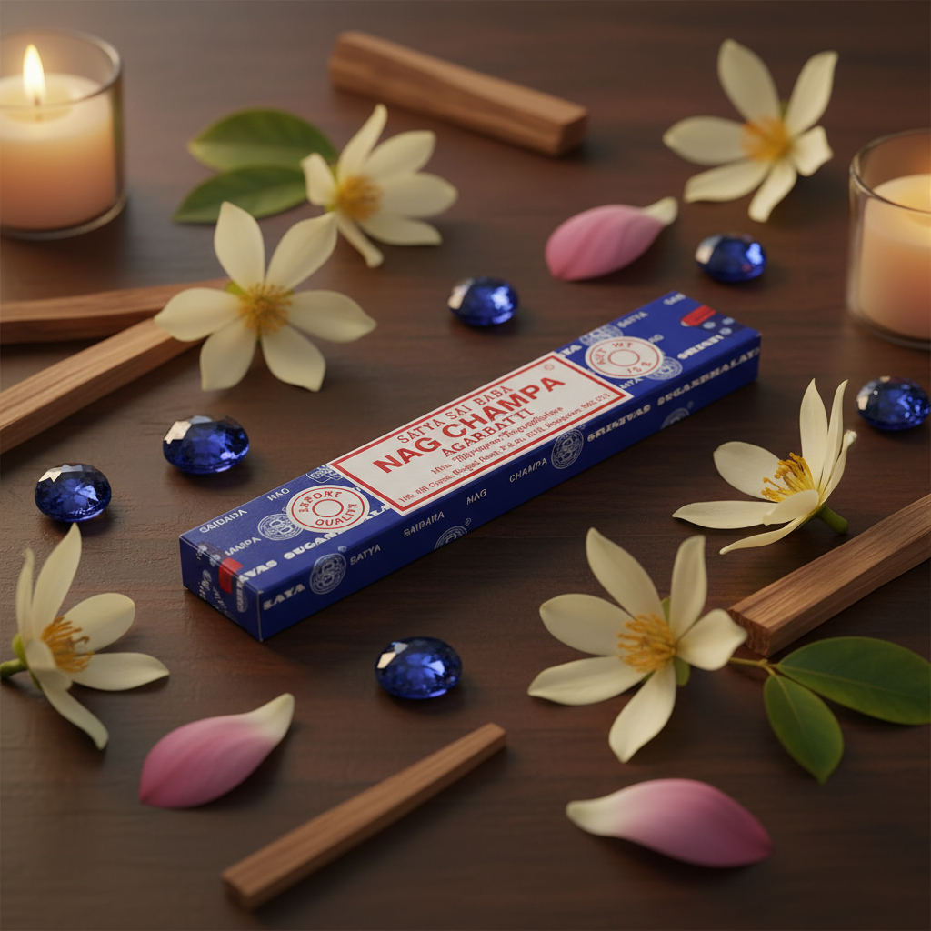 Satya Nag Champa - composizione con fiori e cristalli
