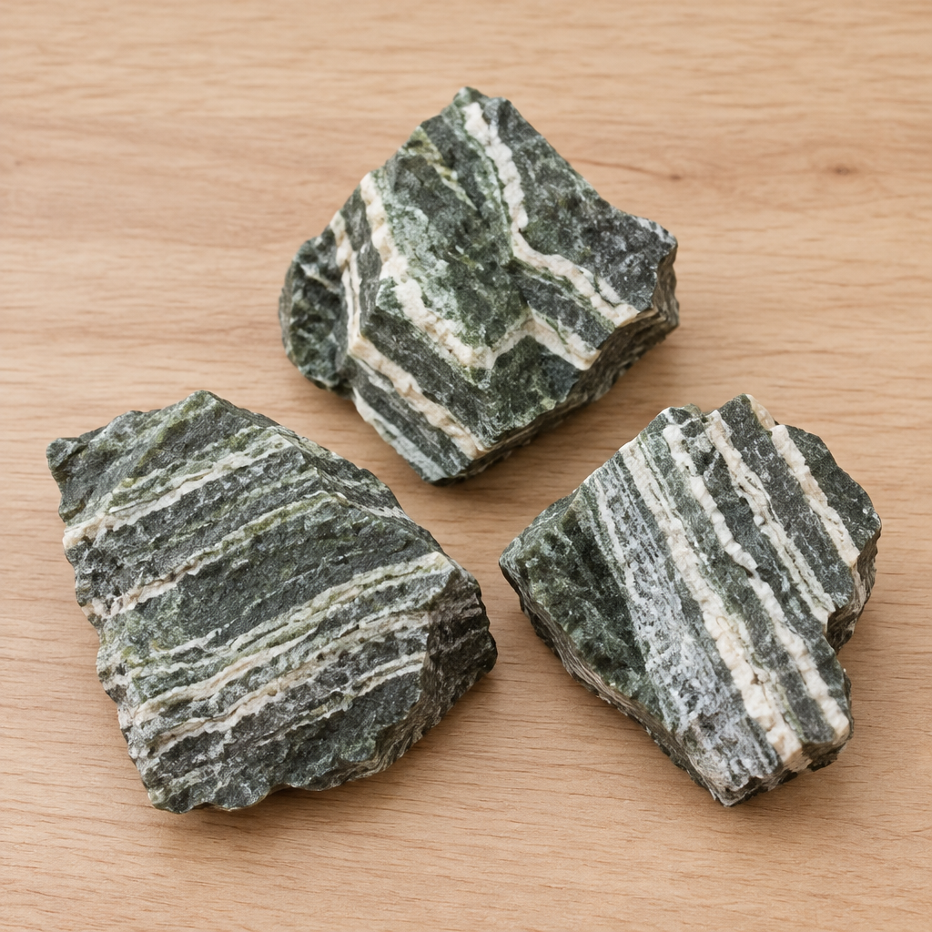 Campioni di diaspro zebra verde su legno