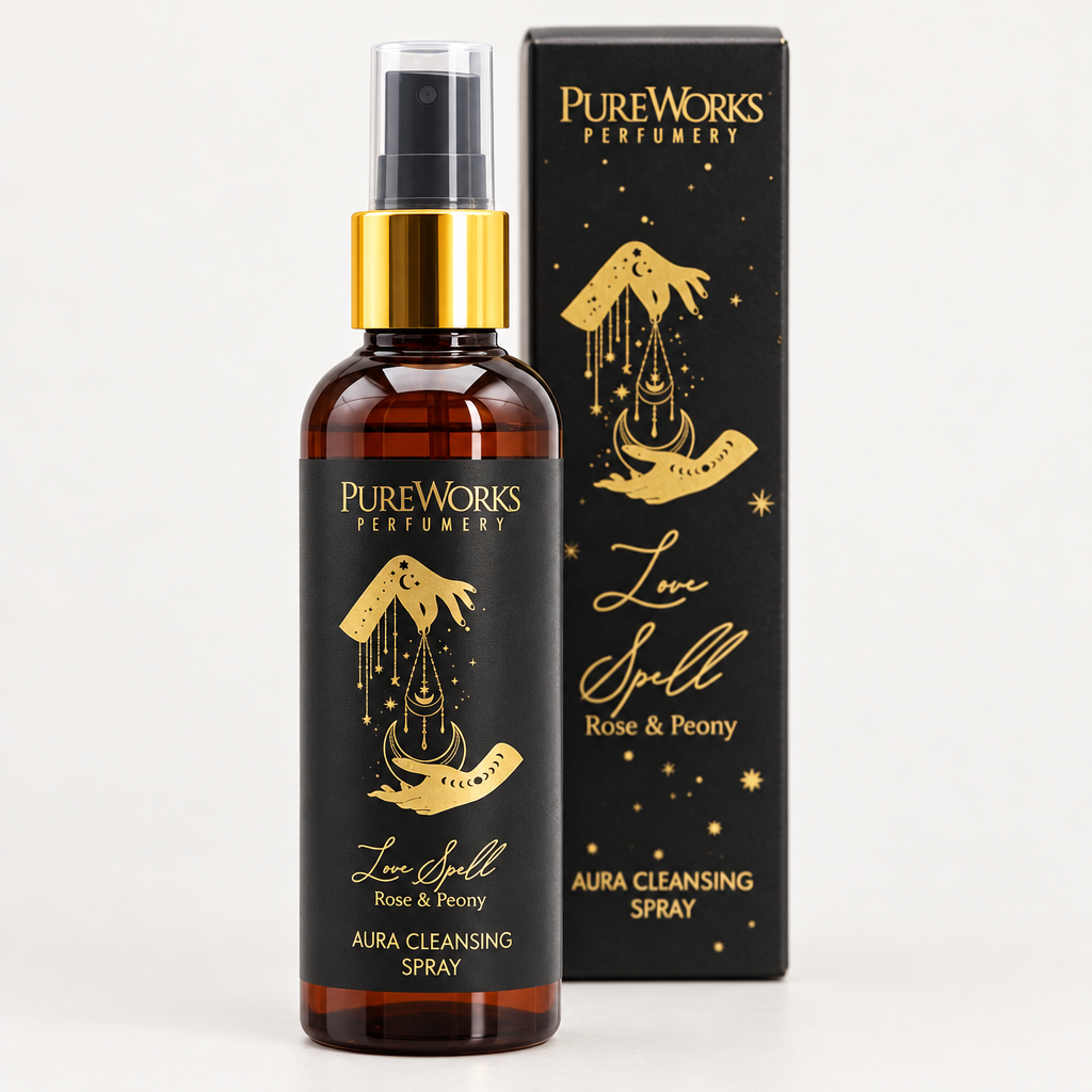 Dettaglio dello spray Incantesimo d’Amore con mani e luna dorate