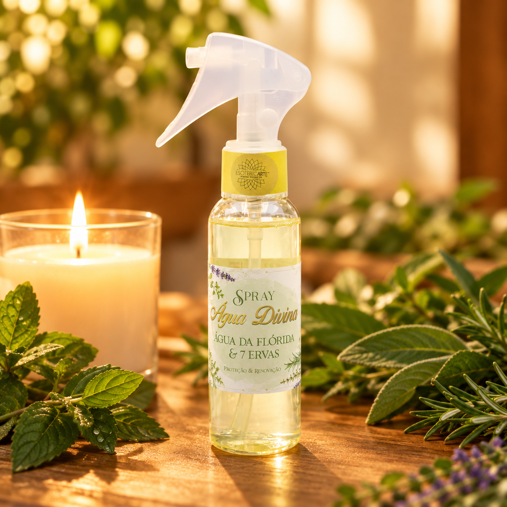 Spray Acqua Florida accanto a candela e foglie fresche