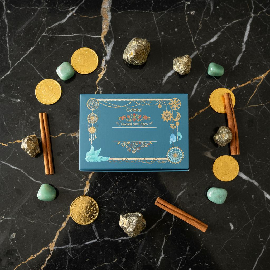 Flatlay marmo nero con monete e cristalli prosperità