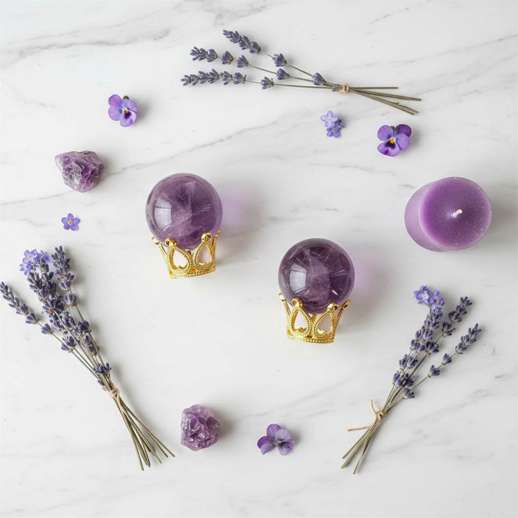 Sfere Ametista - flatlay marmo con lavanda e candela viola