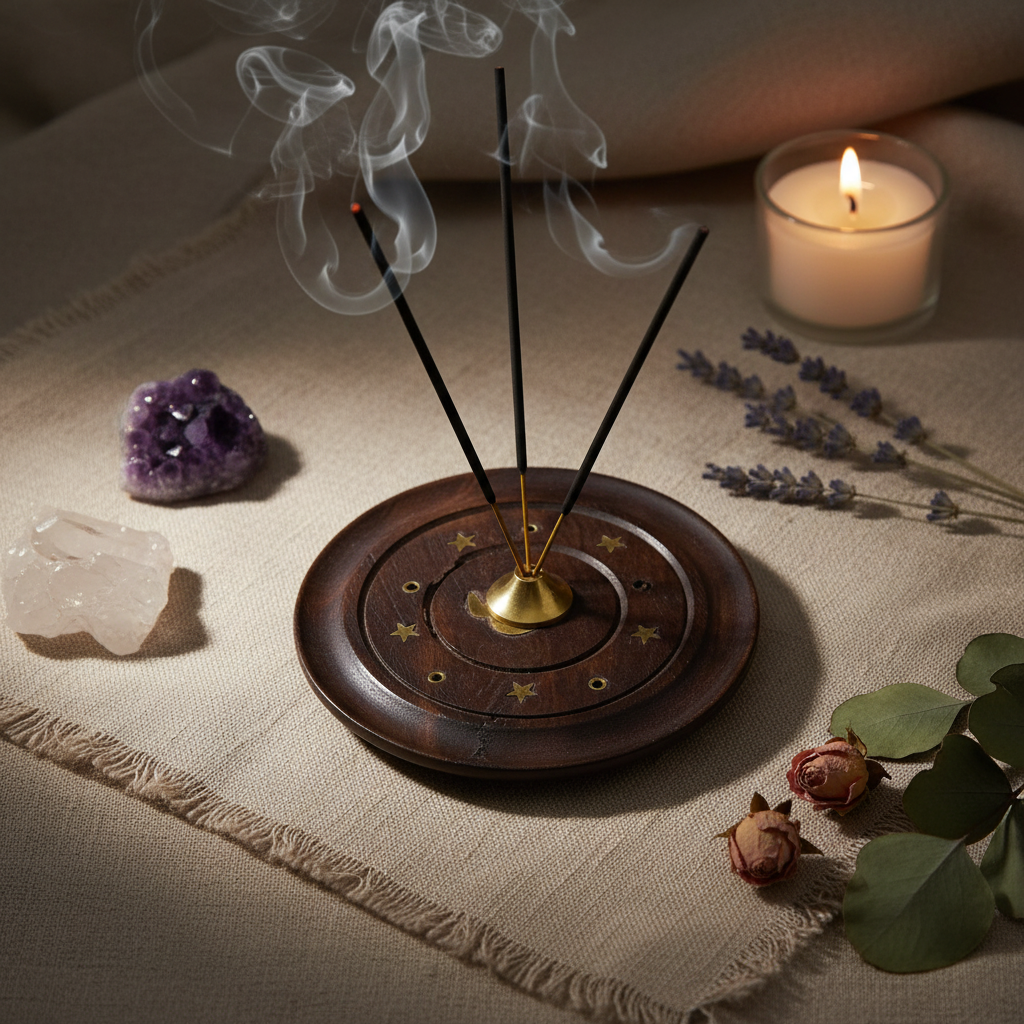 Porta Incenso Luna Stelle - flatlay lino con cristalli e fiori