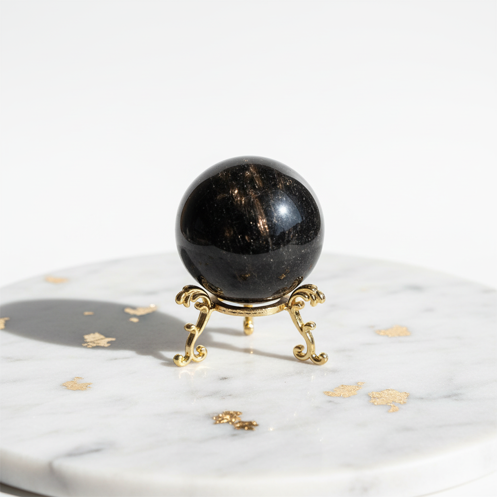Sfera Astrofillite su marmo bianco