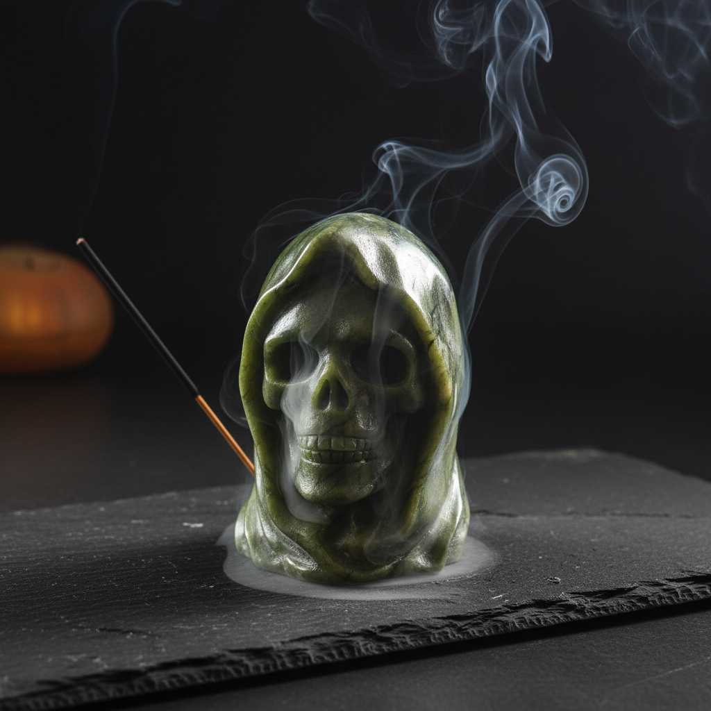Teschio con Cappuccio in Giada Verde - incenso con fumo