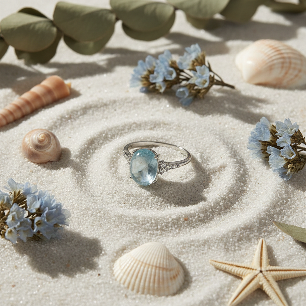 Anello acquamarina flat lay su sabbia e conchiglie