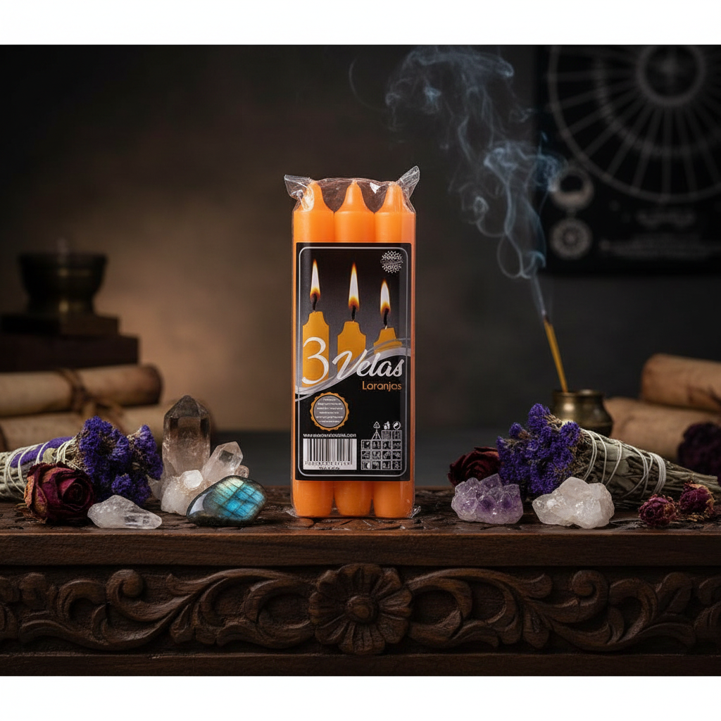 Set da 3 candele arancioni su altare mistico
