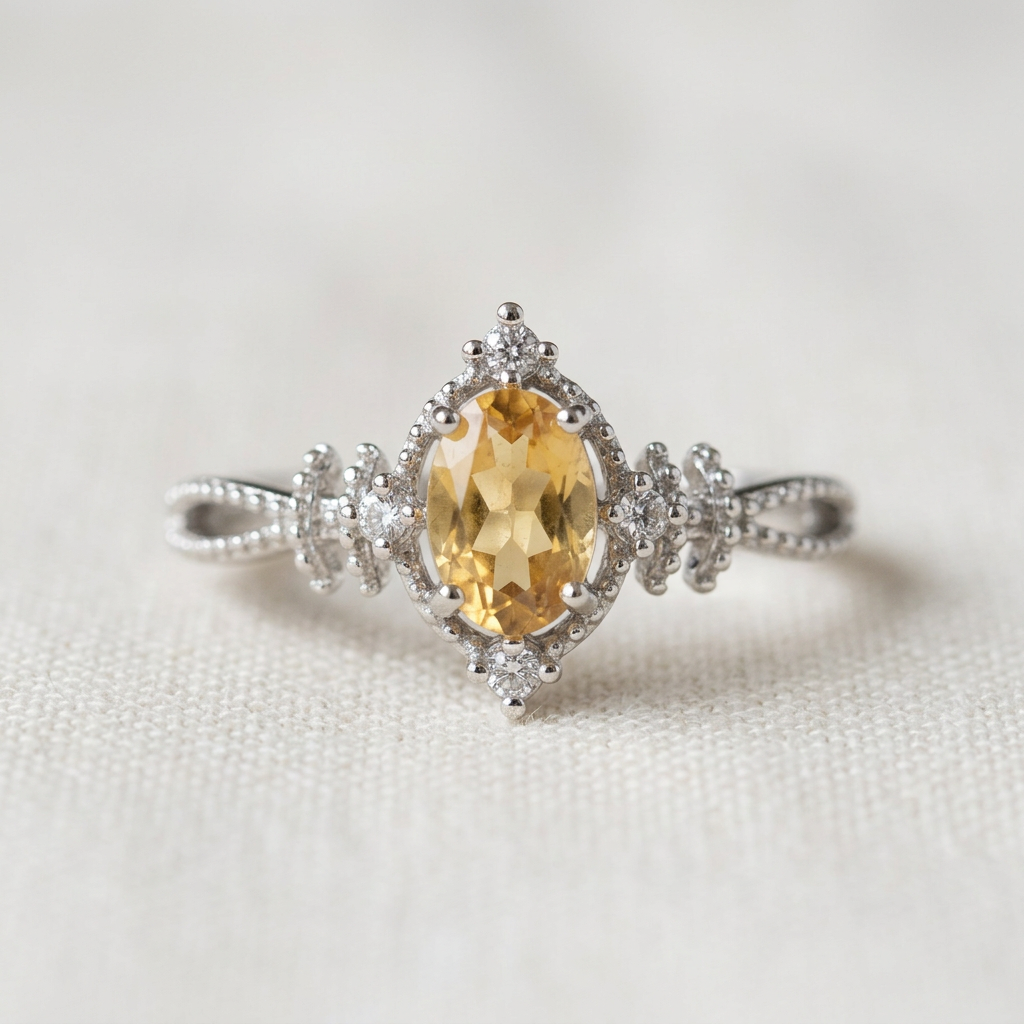 Anello 313 con citrino su lino avorio