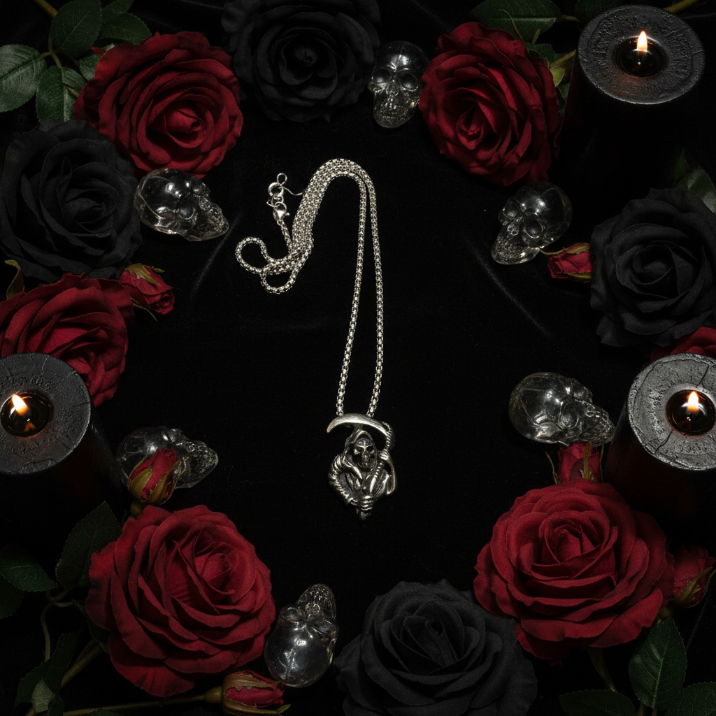 Collana Santa Muerte flat lay altare argento