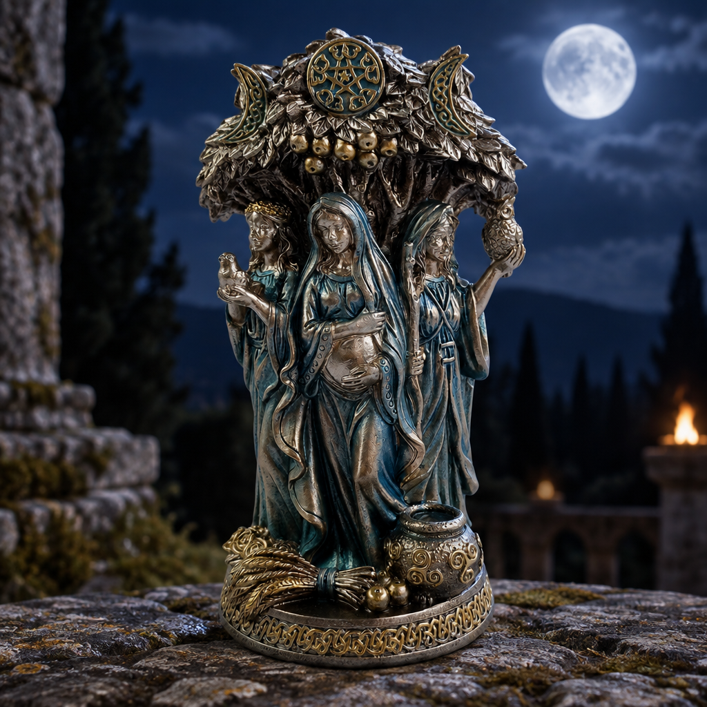 Dea Ecate in resina su pietra antica al chiaro di luna