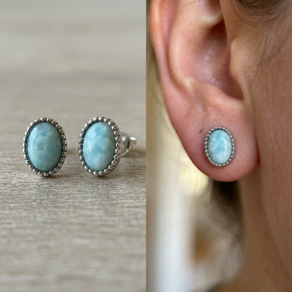 Orecchini in larimar su legno