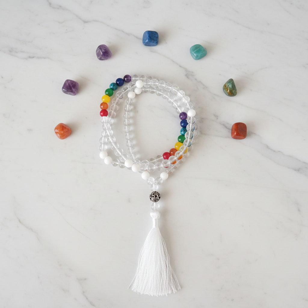 Japamala 7 chakra in cerchio su marmo con pietre dei chakra