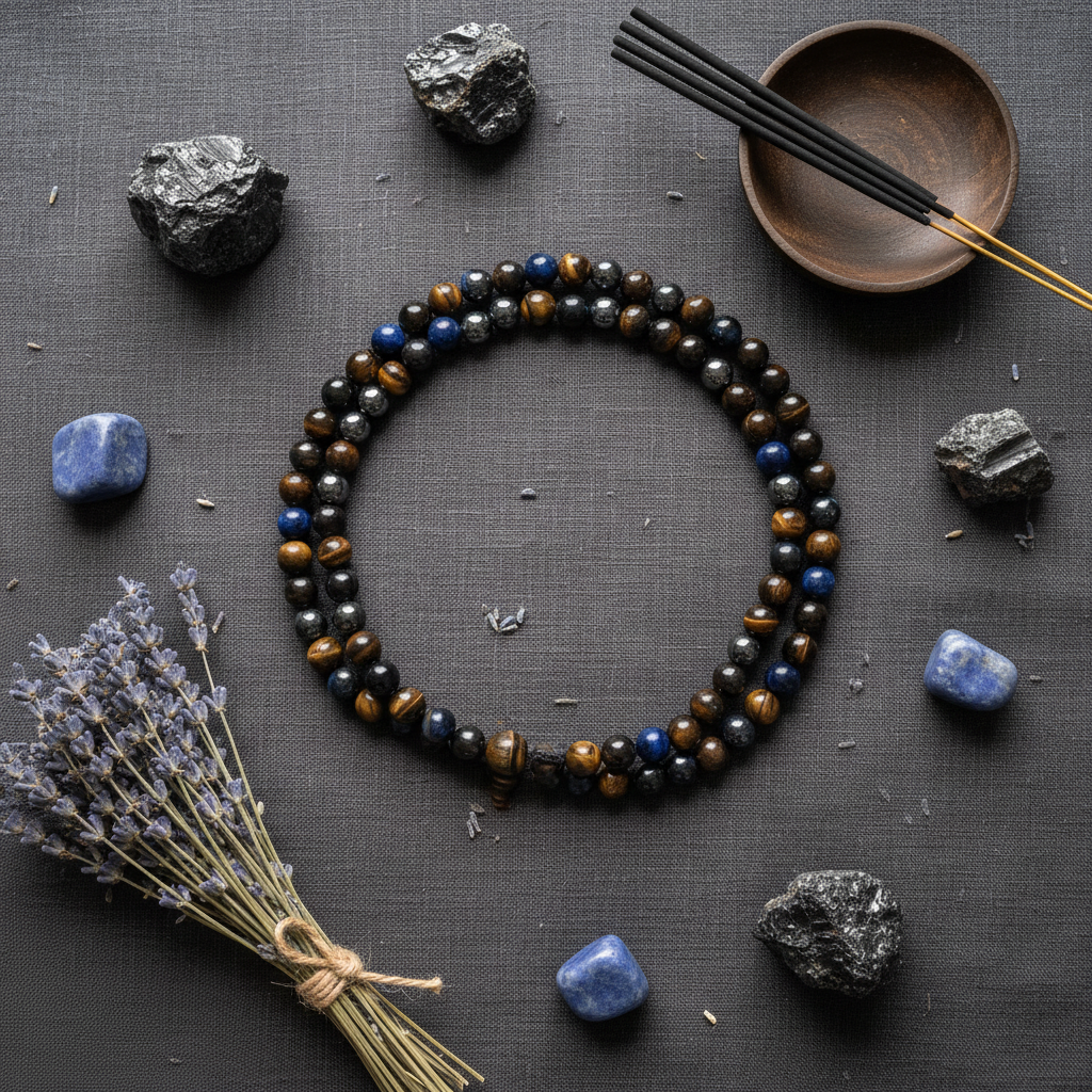 Japamala ematite sodalite occhio di tigre - composizione con cristalli