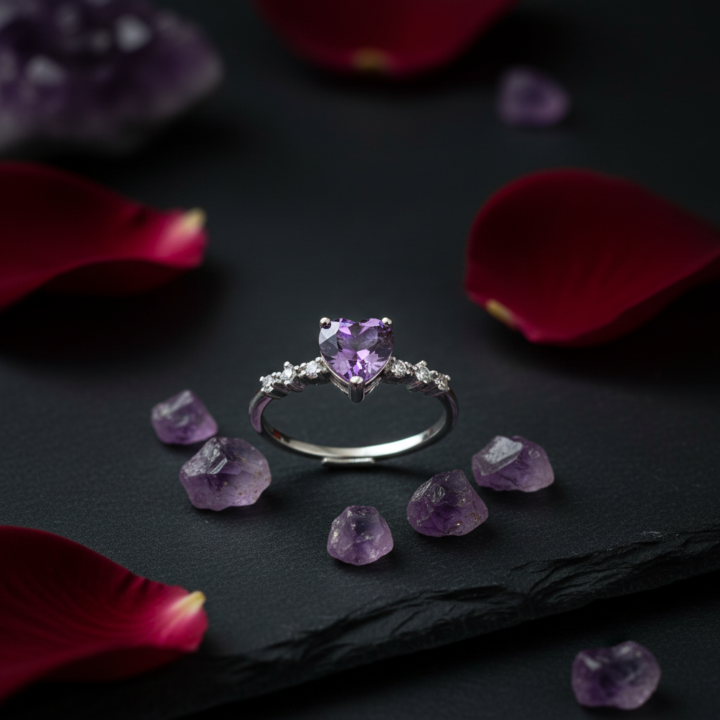 Anello cuoricino ametista su ardesia scura con petali