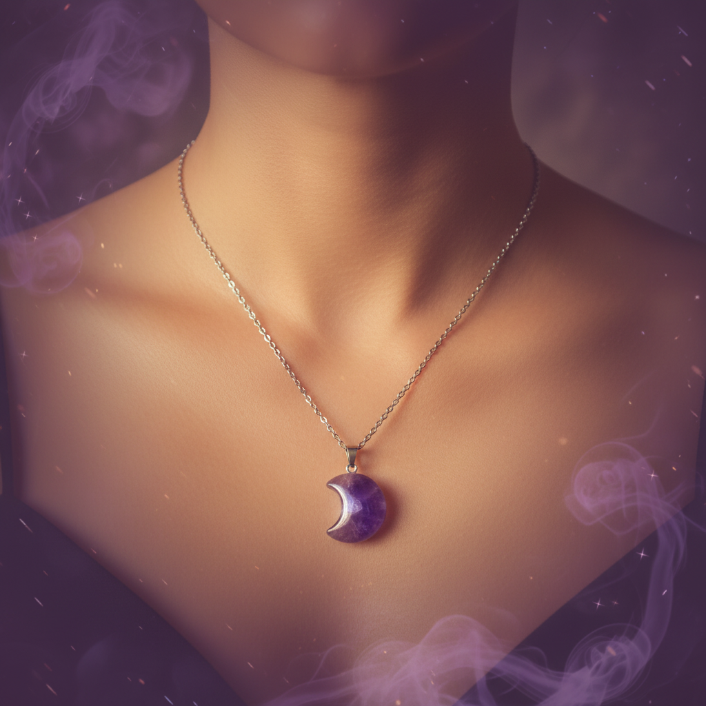 Collana Luna Ametista indossata - luce dorata