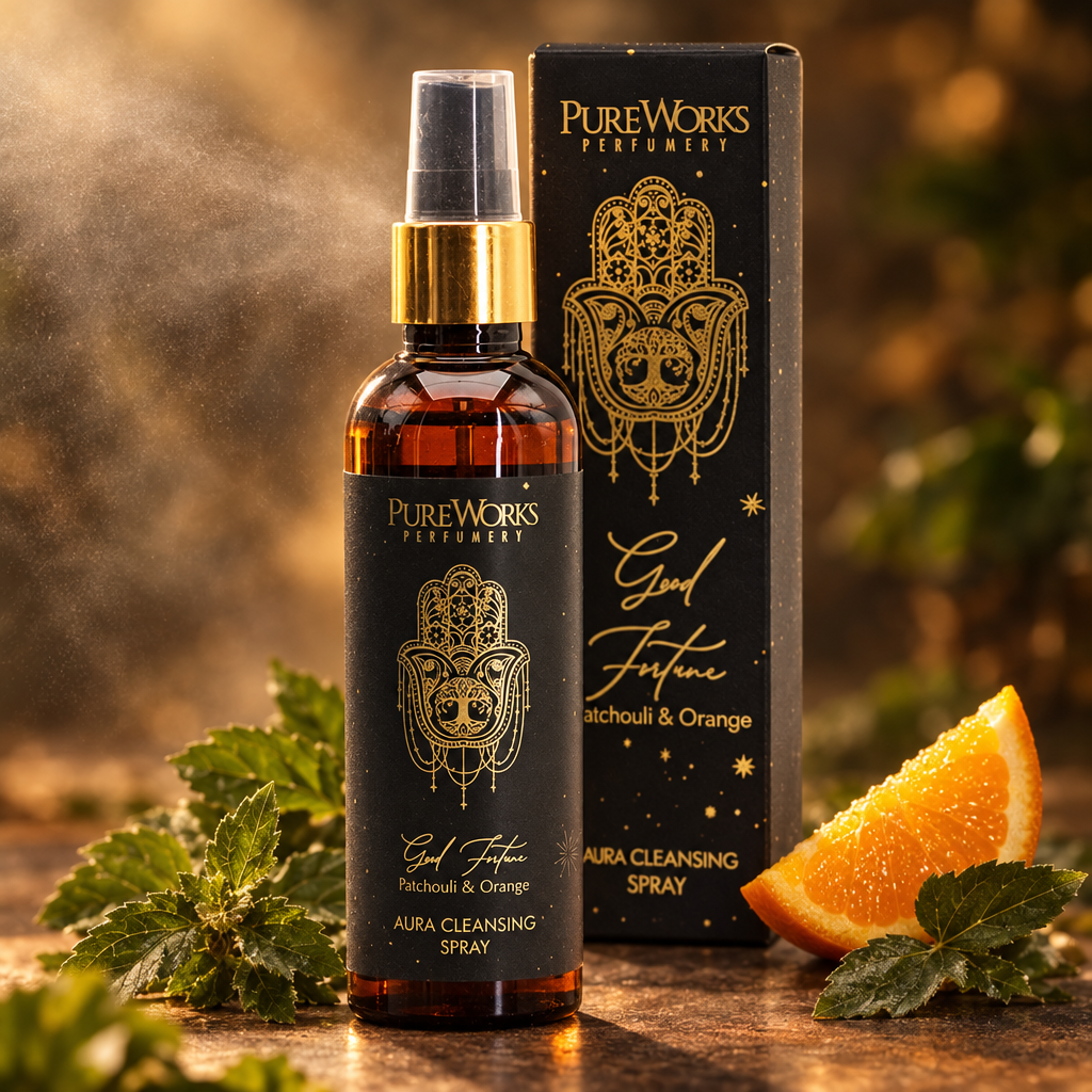 Spray Good Fortune Patchouli e Arancia in composizione ambientata