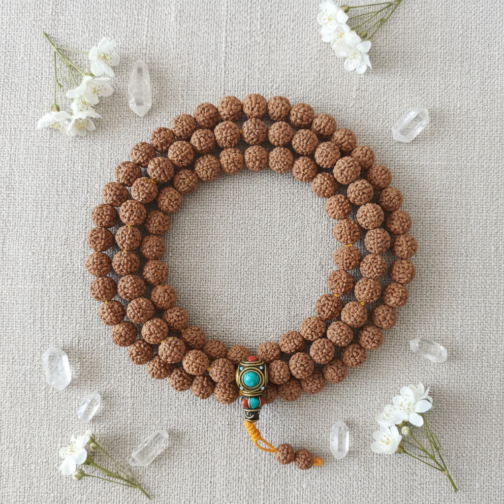 Japamala semi di rudraksha tibetano - composizione con fiori e cristalli
