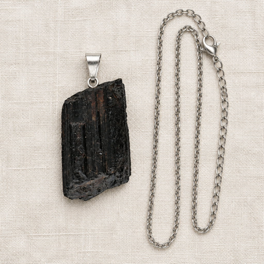 Collana con pendente in tormalina nera su lino