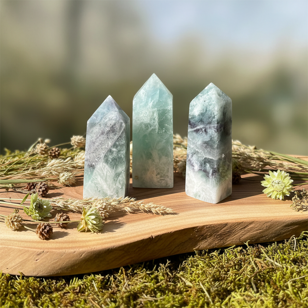 Torri di fluorite verde su sfondo naturale con legno e botaniche