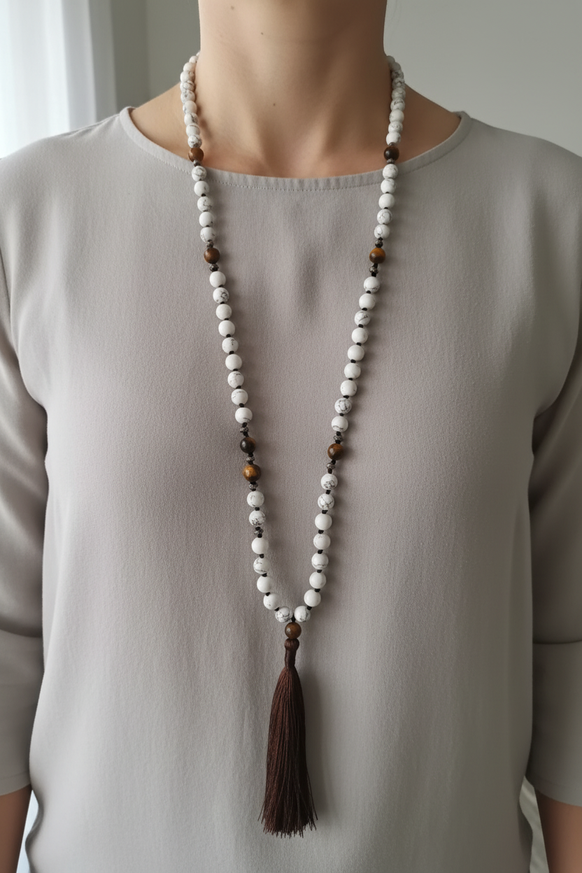 Japamala howlite e occhio di tigre - collana lunga 70cm indossata