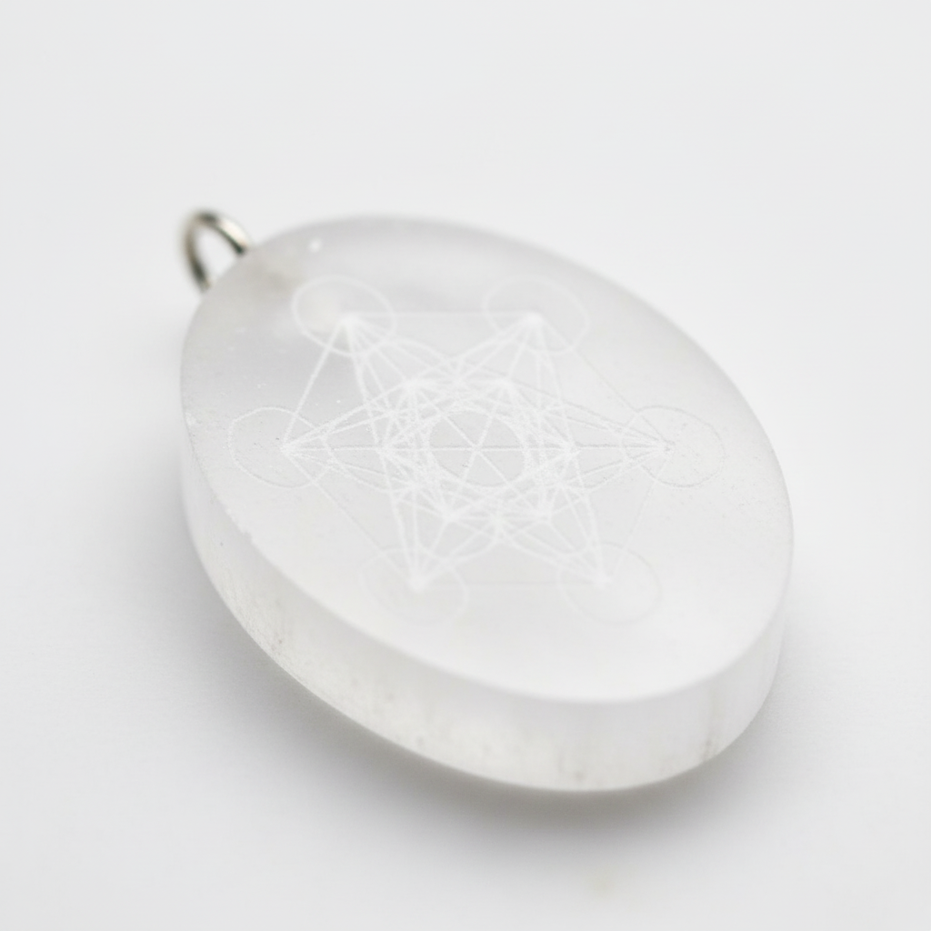 Dettaglio macro pendente selenite con incisione Metatron