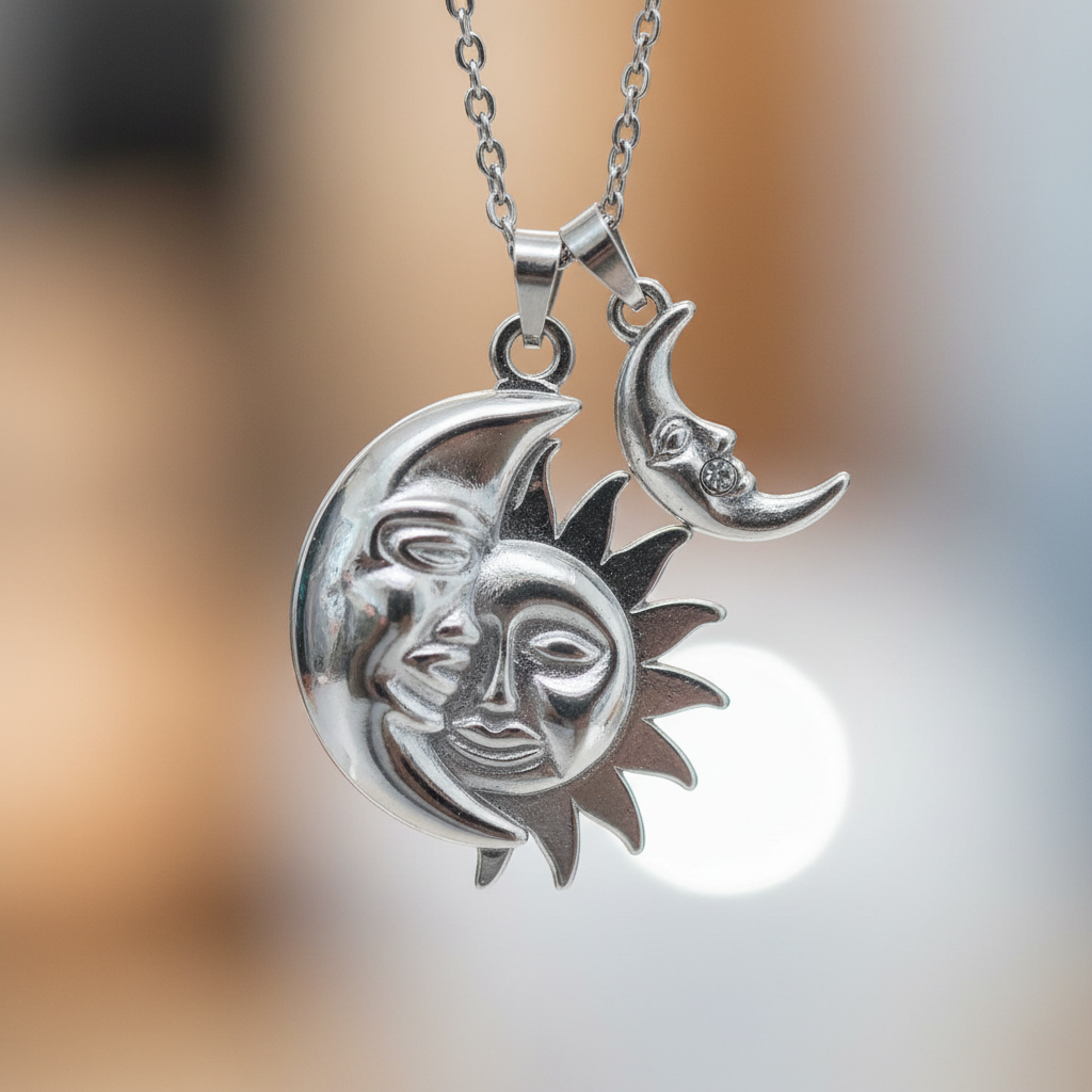 Collana Sole e Luna silver macro close-up ciondolo