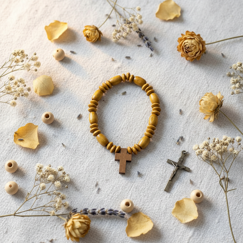 Bracciale Rosario Elastico flat lay lino
