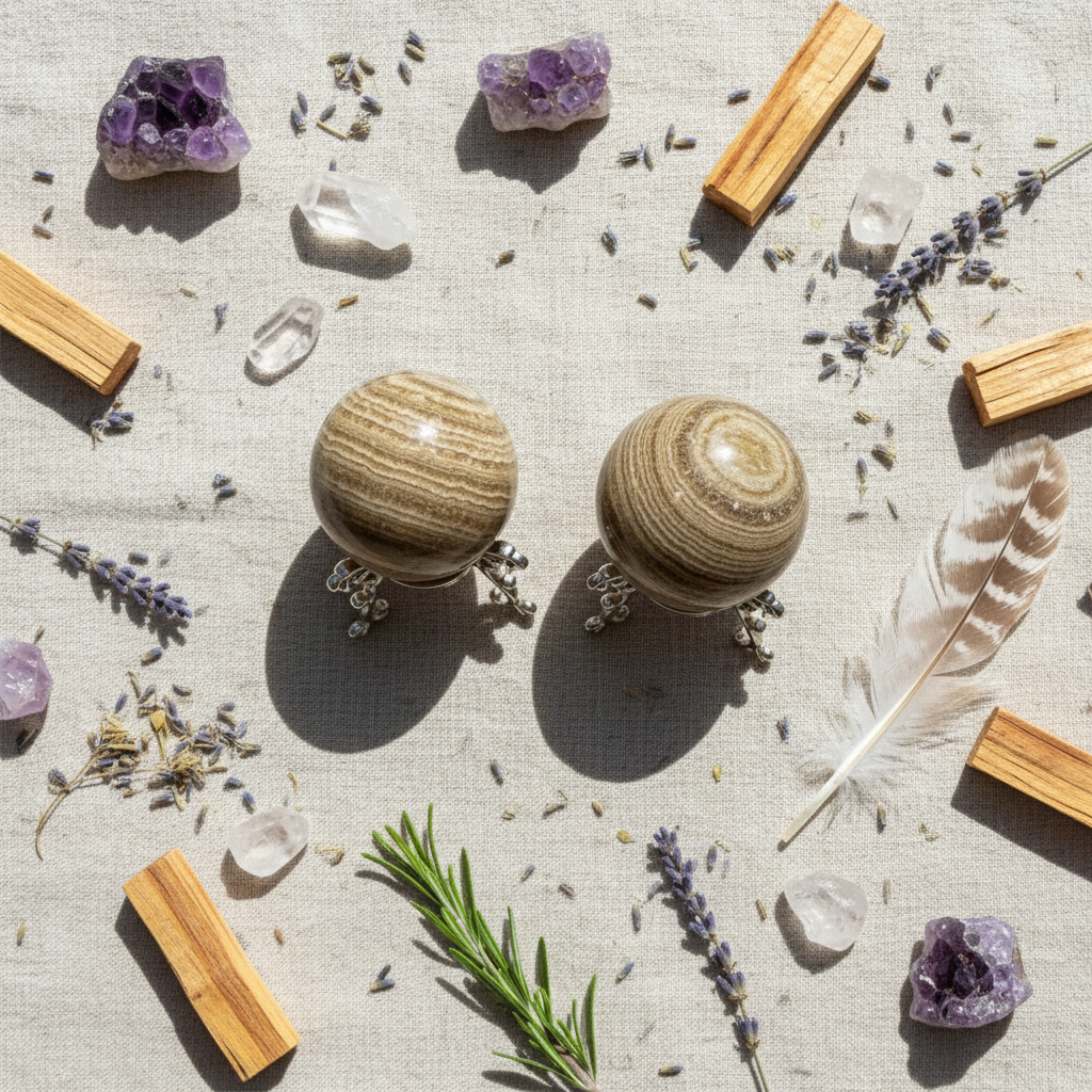 Sfere Aragonite - flatlay lino con erbe e piuma