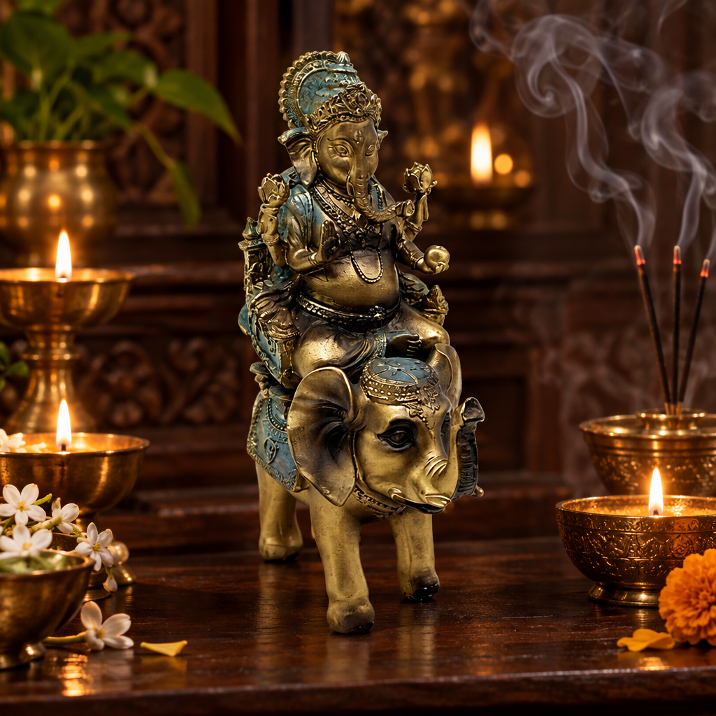 Statua di Ganesh in resina su altare con candele e incenso