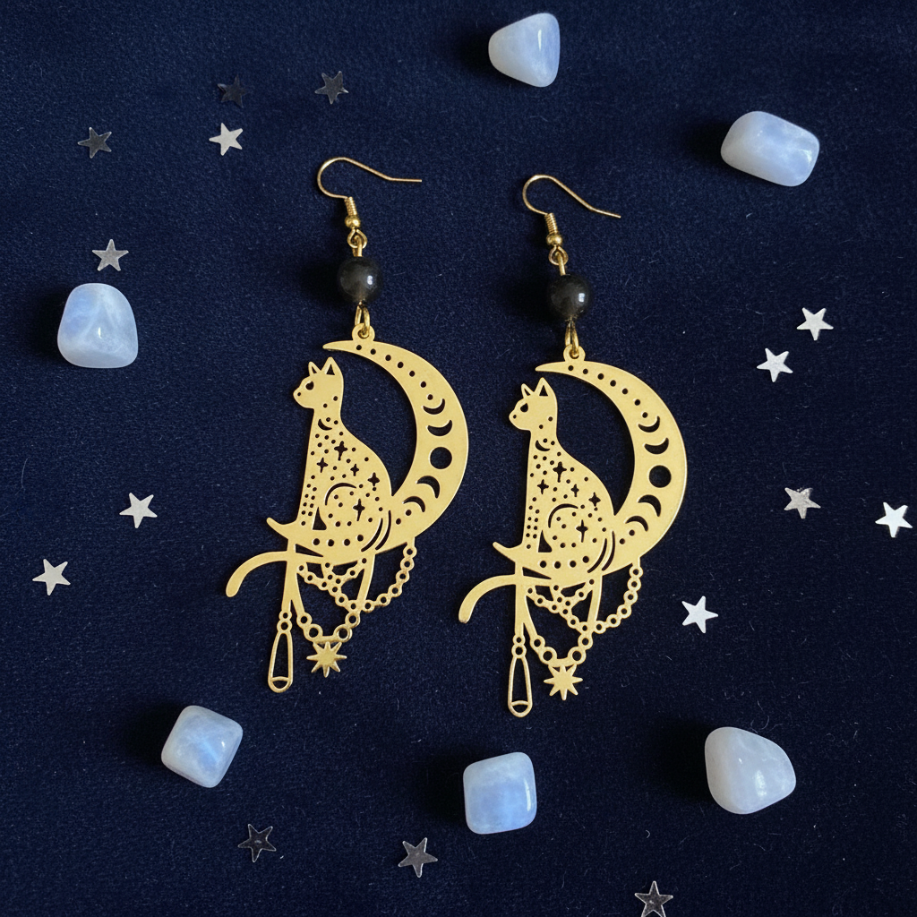 Orecchini Gatto sulla Luna flat lay velluto blu notte