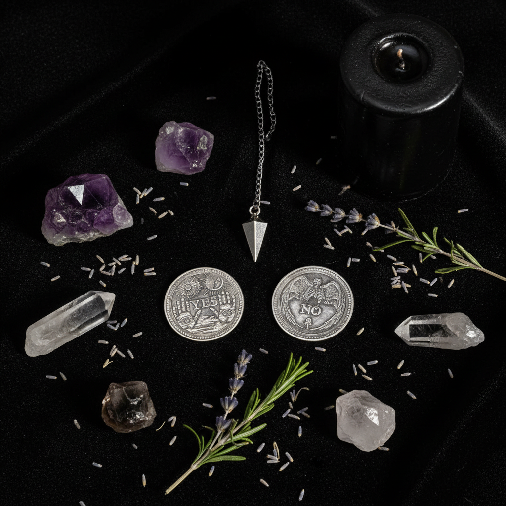 Monete del Destino 2.5cm - flatlay velluto nero con cristalli e pendolo