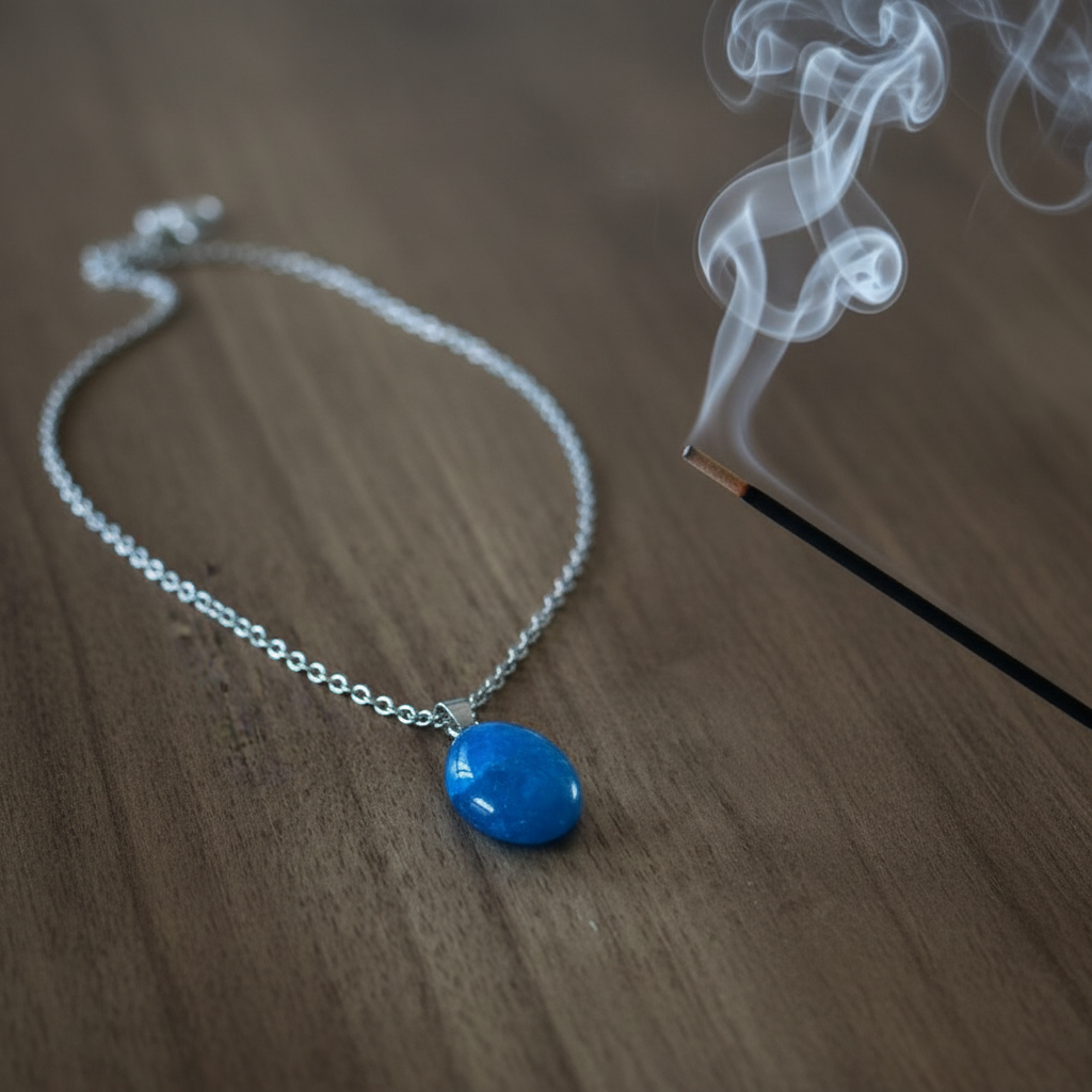 Collana apatite blu grezza con incenso