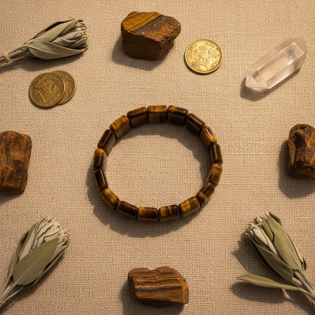 Bracciale Occhio di Tigre - flatlay lino con pietre grezze e salvia