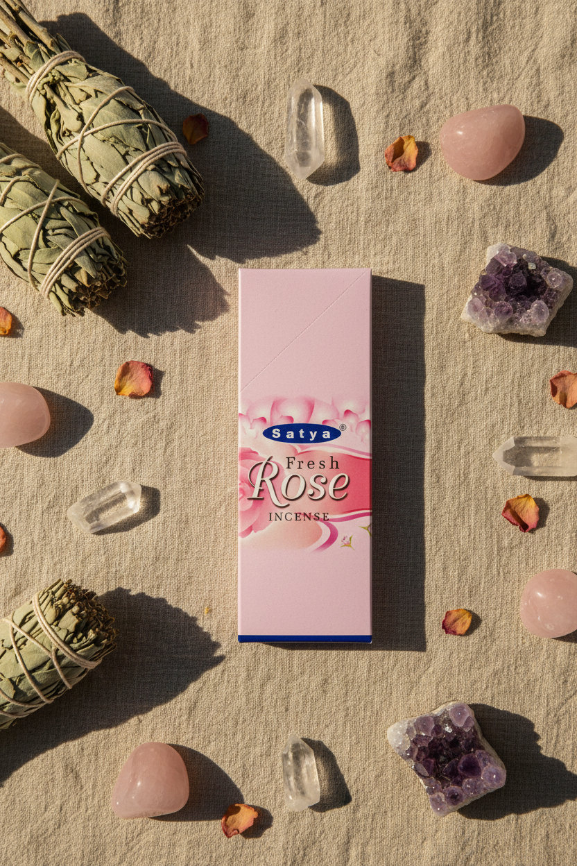 Satya Fresh Rose Incense - lifestyle su lino con cristalli