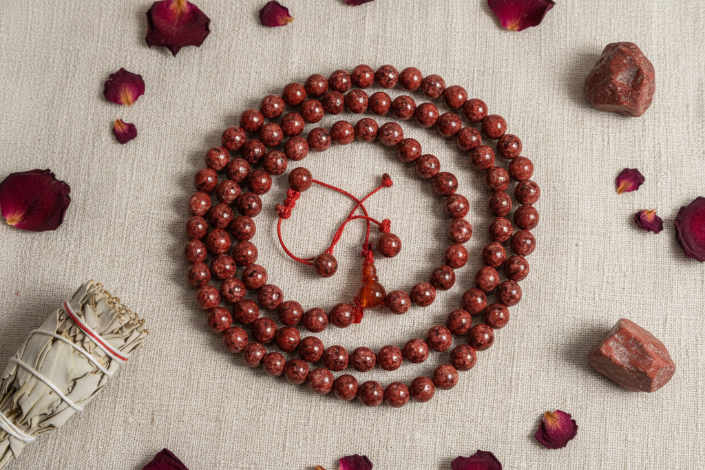 Mala diaspro rosso composizione botanica con rose rosse e salvia