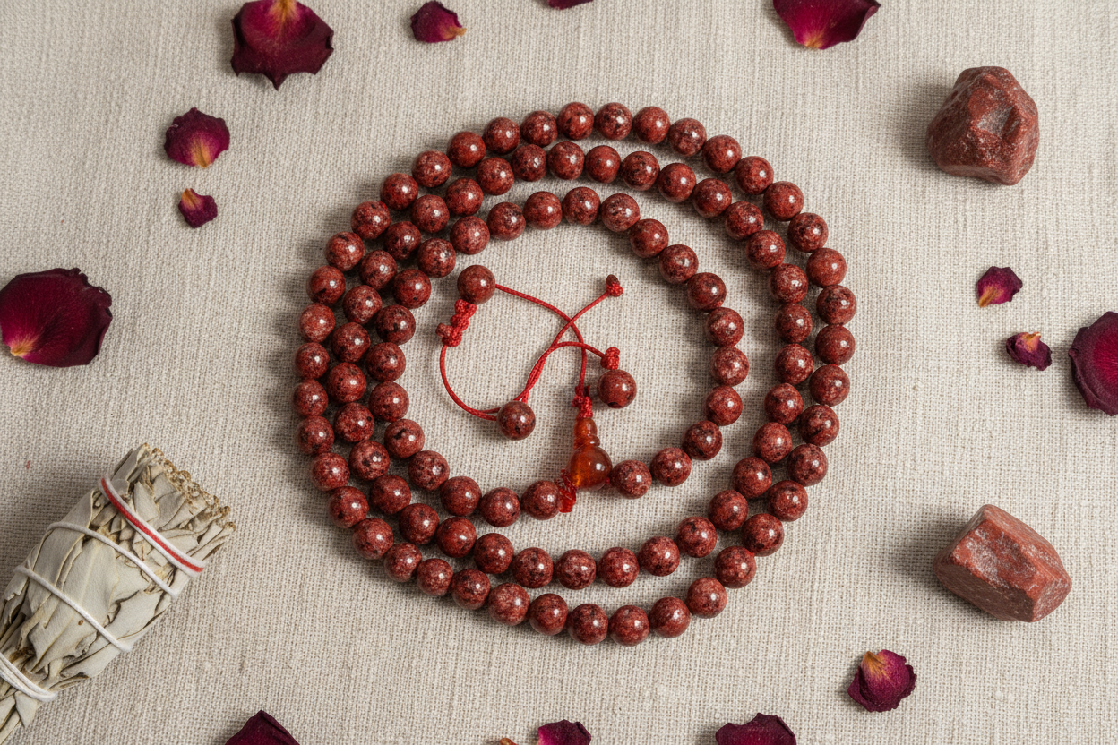 Mala diaspro rosso composizione botanica con rose rosse e salvia