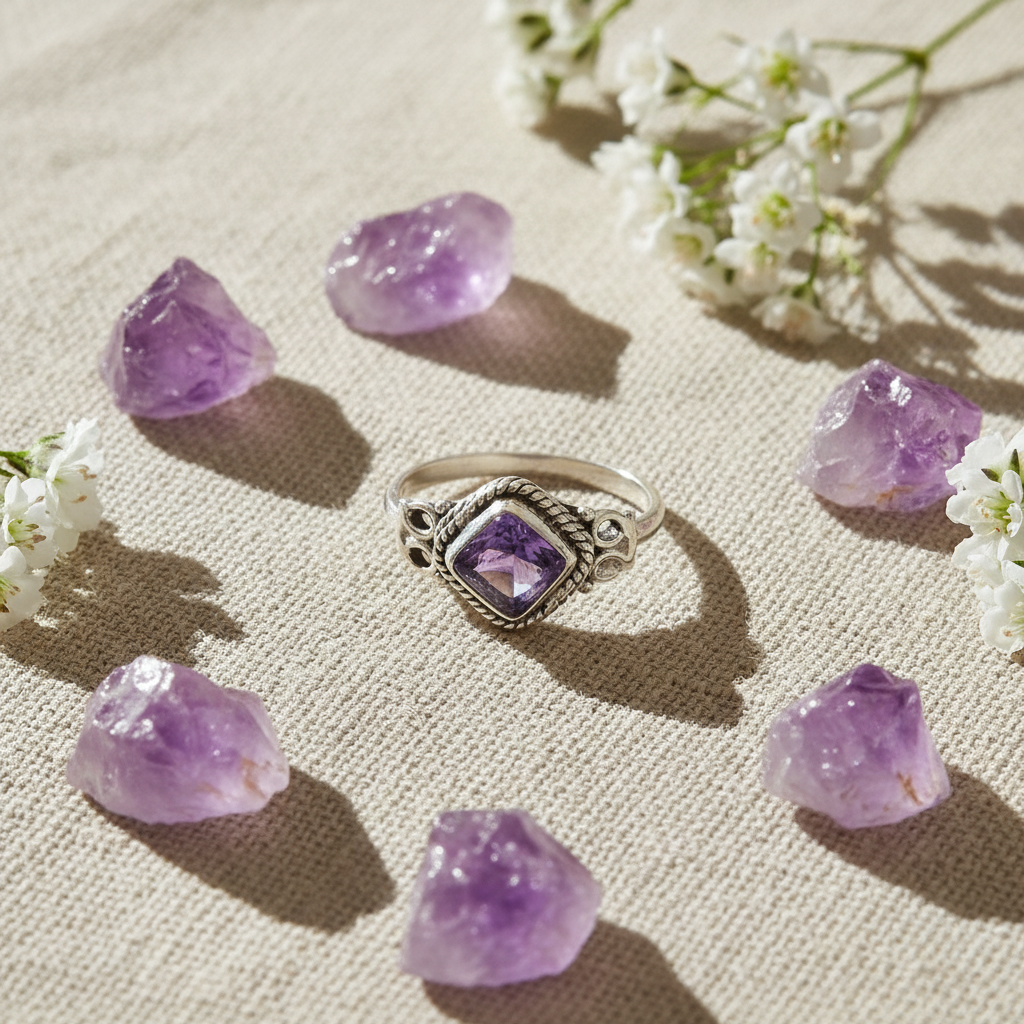 Anello ametista argento con fiori e cristalli