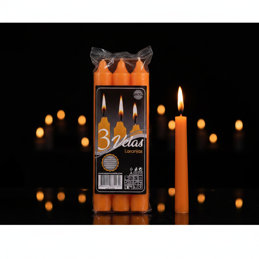 Set da 3 candele arancioni con candela accesa sfondo scuro