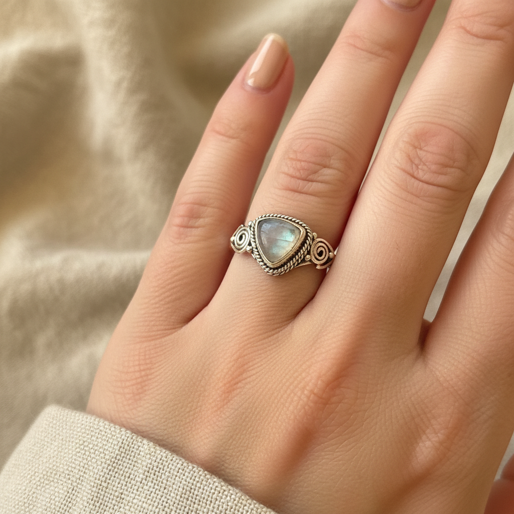 Anello labradorite bianca argento lifestyle indossato
