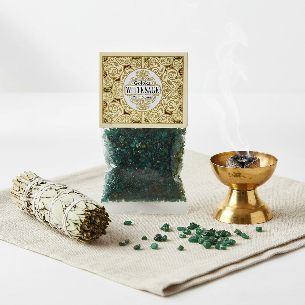 Resina salvia bianca Goloka - lifestyle su lino con bruciatore e salvia