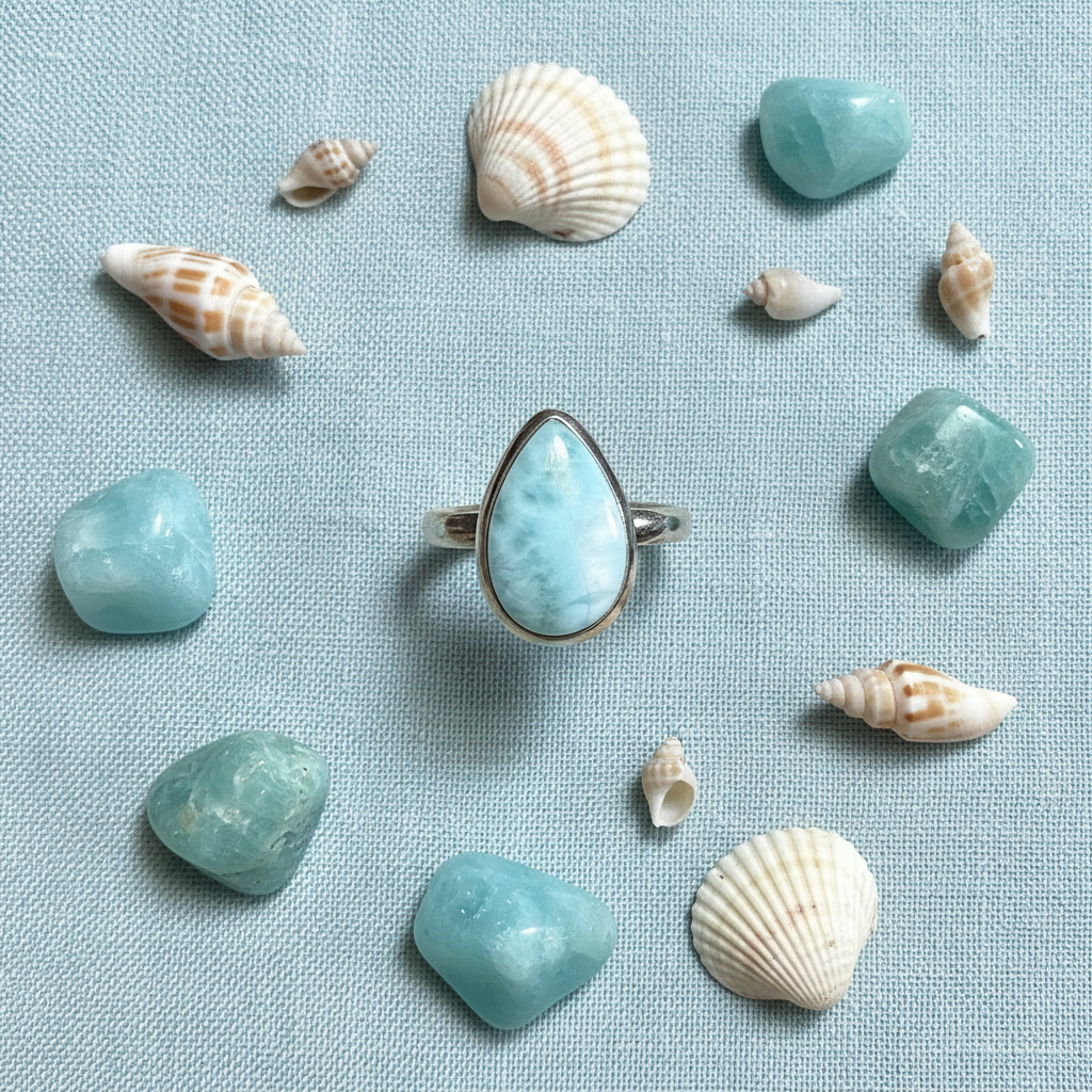 Anello Statement in Argento con Larimar Naturale - flat lay lino azzurro