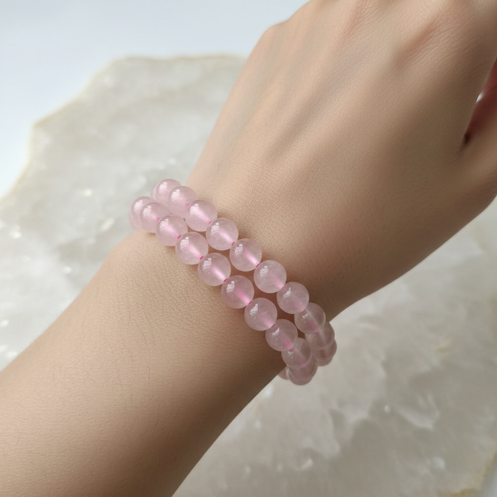 Bracciale Quarzo Rosa 8mm - lifestyle indossato