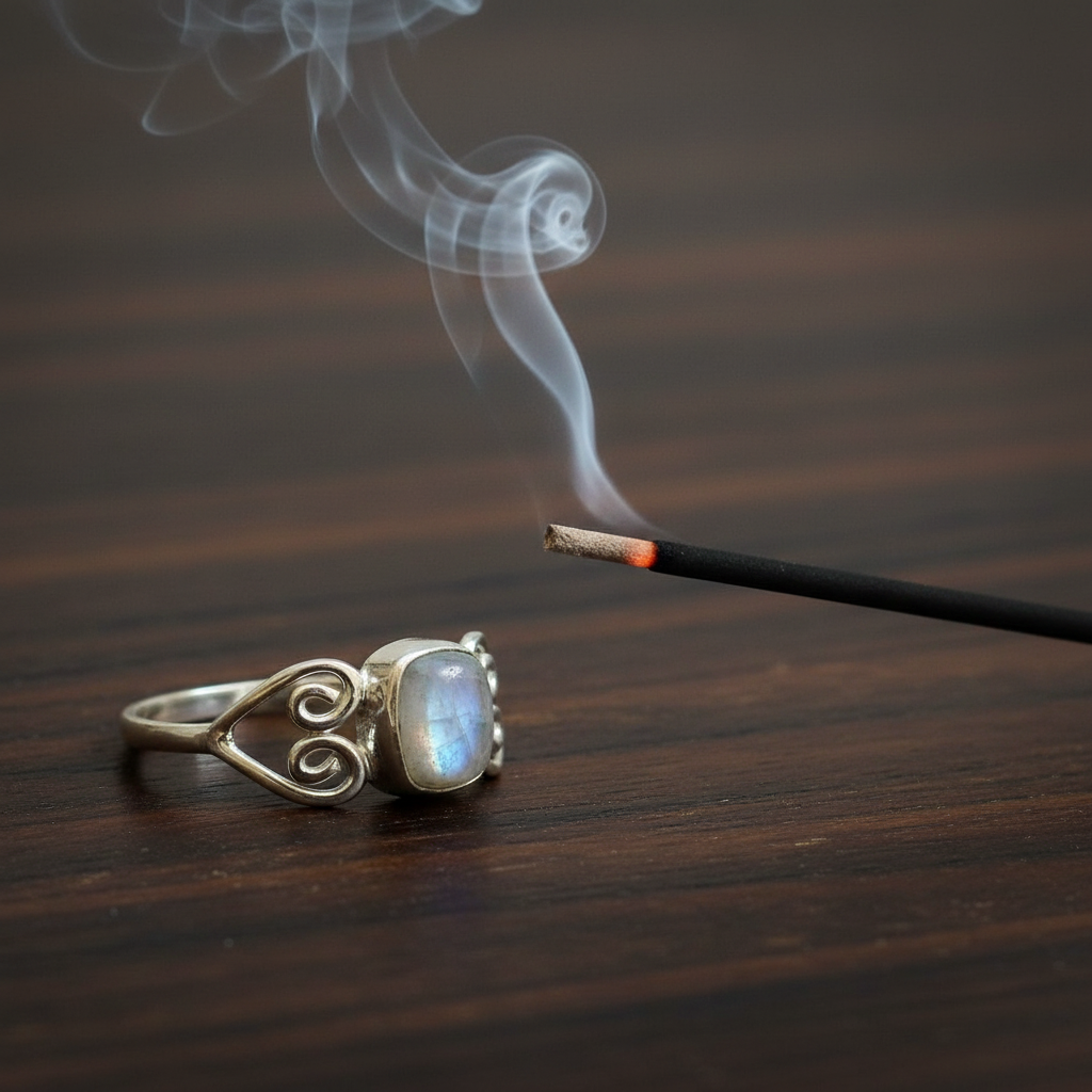 Anello labradorite bianca argento con incenso