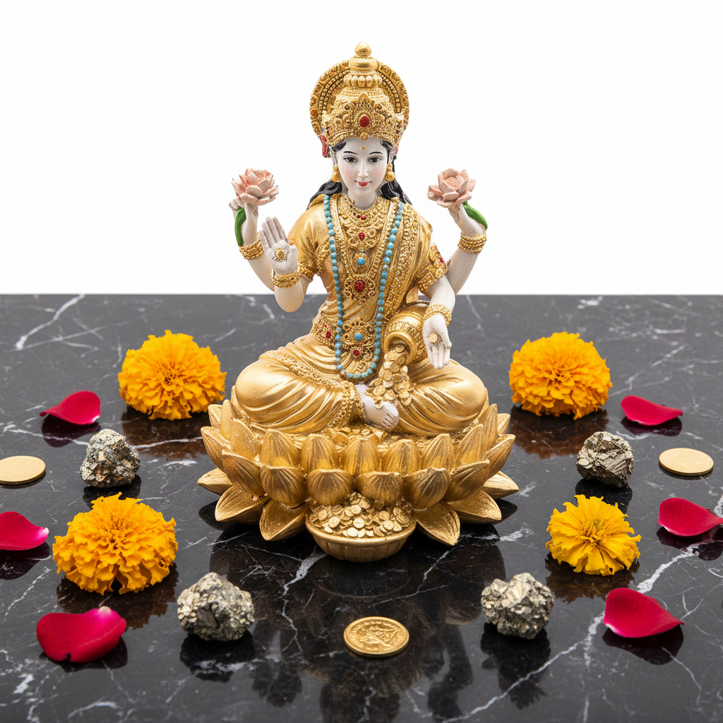 Statua Lakshmi su marmo con monete e calendula