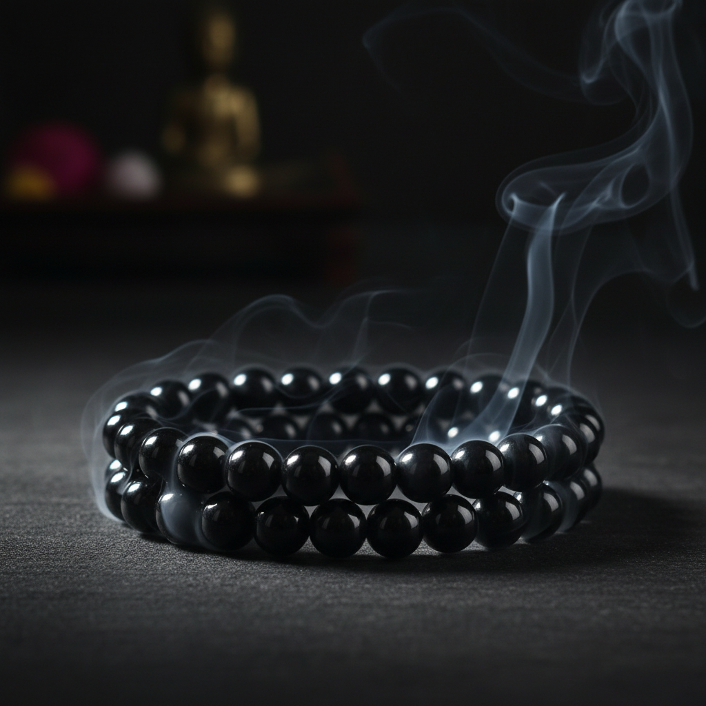 Bracciale ossidiana nera con incenso sfondo scuro