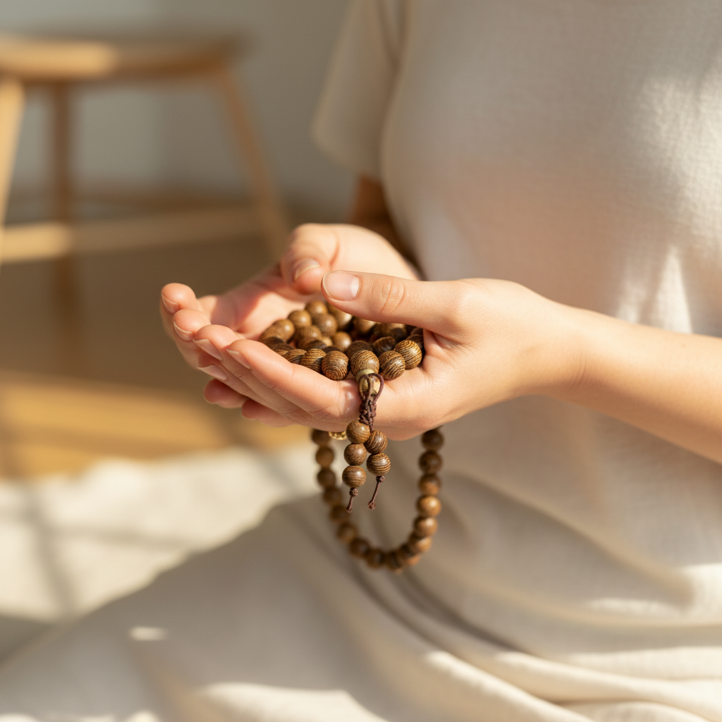 Mala legno di sandalo tenuta in mano in meditazione