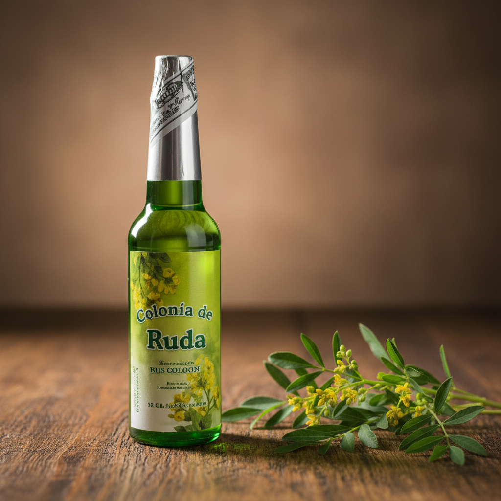 Colonia de Ruda bottiglia verde su legno scuro con ruta fresca, etichetta in primo piano